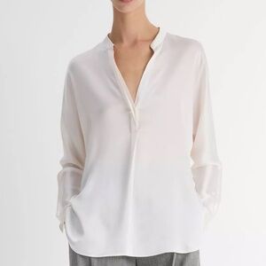 VINCE Silk Satin Band-Collar Blouse with Floral Panel Detail (Sz s)